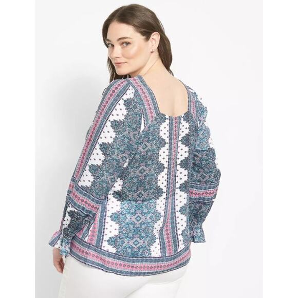Lane Bryant Blouse Top Plus 18 Classic‎ Long Sleeve Square Neck Boho Teal Pink - Picture 2 of 12